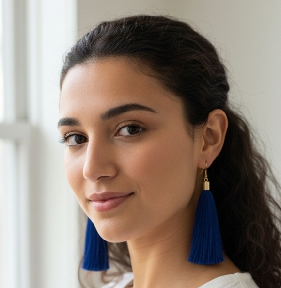 Royal Blue Dangle Earrings Boho Western Gold Tone - Picture 5 of 6